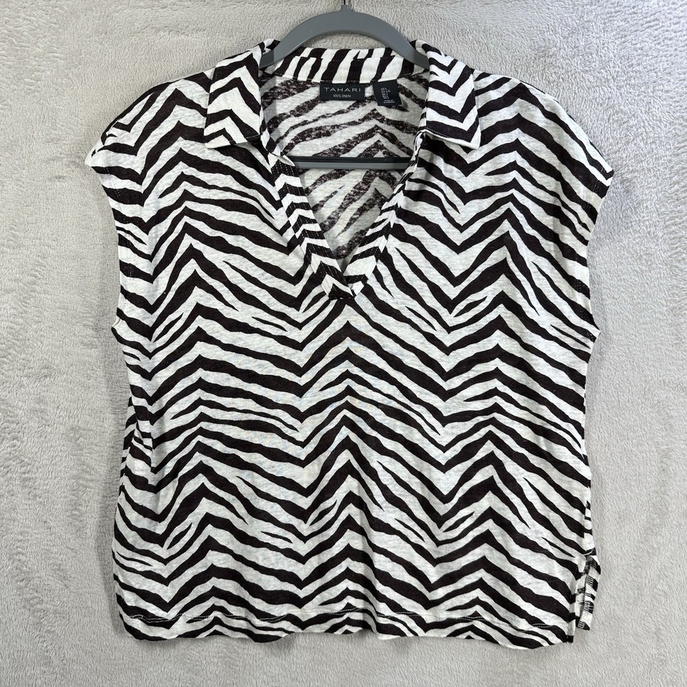 Tahari 100% Brown Zebra Print Blouse Sz L V-Neck Cap Sleeves